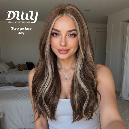 DWY Joy step go lace glueless wig with long layered brown hair and natural highlights for women