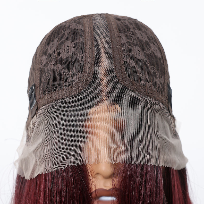 DWY Long Dark Red Lace Front Mixed Burgundy Natural Black Wave Hand Tied Middle Part Natural Synthetic Wig