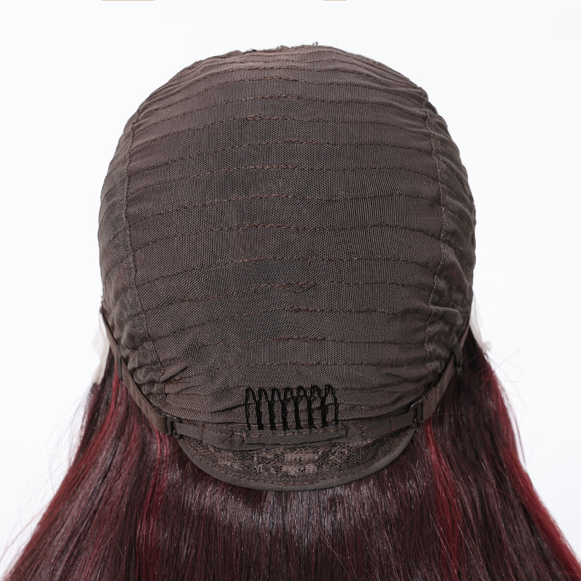 DWY Long Dark Red Lace Front Mixed Burgundy Natural Black Wave Hand Tied Middle Part Natural Synthetic Wig
