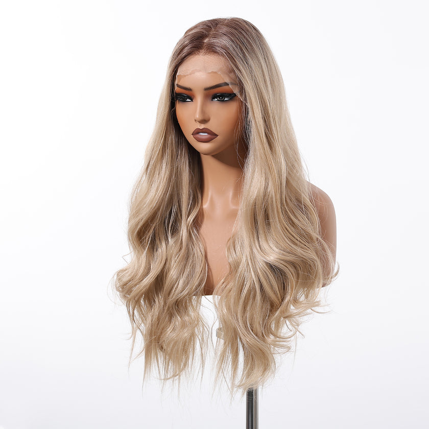 DWY Synthetic Lace Front Body Wave Wig with Bangs – Glueless Blonde HD Lace Wig