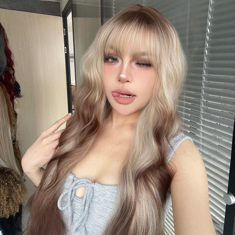 Kacey-DWY 28-Inch Long Wavy Ombre Blonde and Brown Wig with Bangs