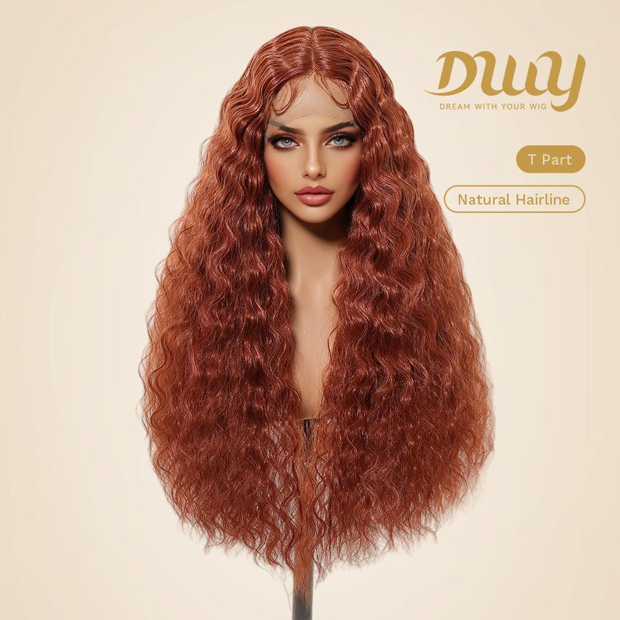 Maeve -DWY Lace Front Long Natural Drity Orange Spanish Wave Middle Part Glueless Synthetic Wig for Women 26 Inches Classic Style