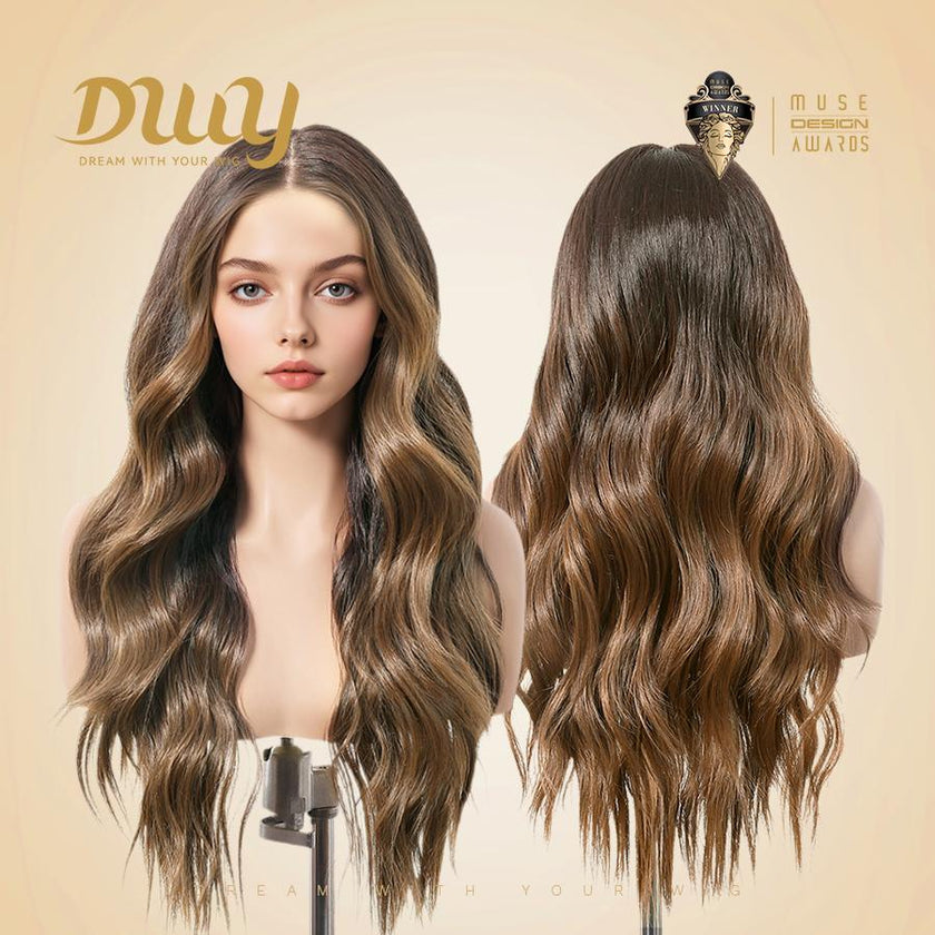 Tin-DWY 13x6 Lace Front Wig 26 Inches Long Water Wavy Brown Glueless Synthetic Wig