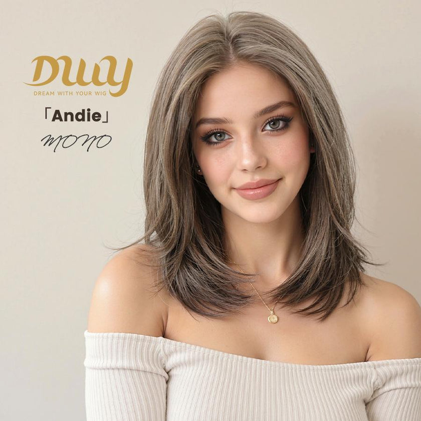 Andie-NEW! DWY Mono Lace Front Free Part Dark Ash Brown Layered Lob Glueless Synthetic Wig for Women 14 Inches