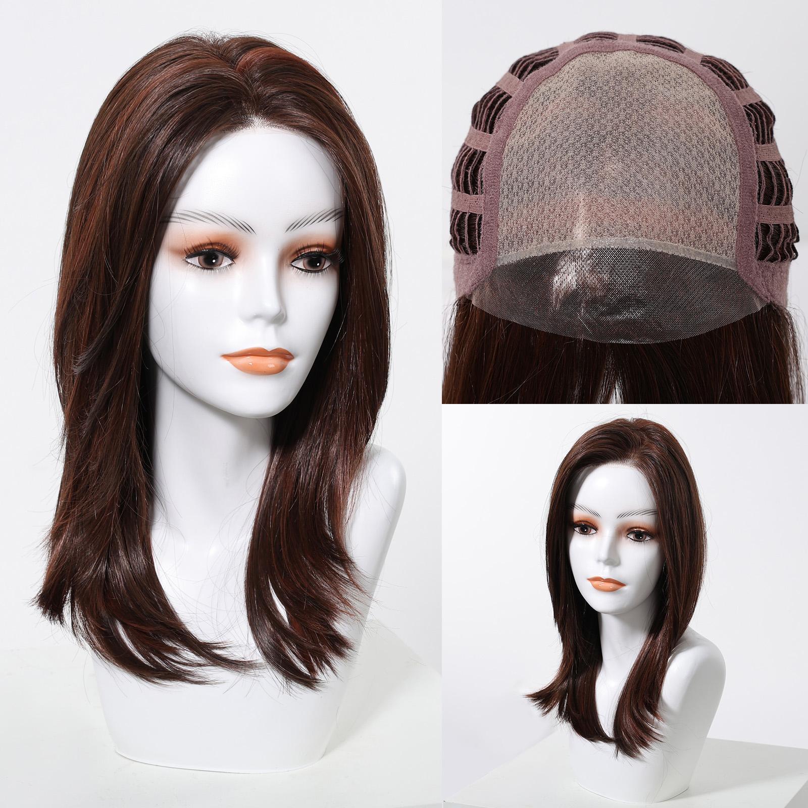 Addison-DWY 16-Inch Glueless Skin Weft Mono Lace Front Synthetic Wig - Mid-Length Brown with Highlights
