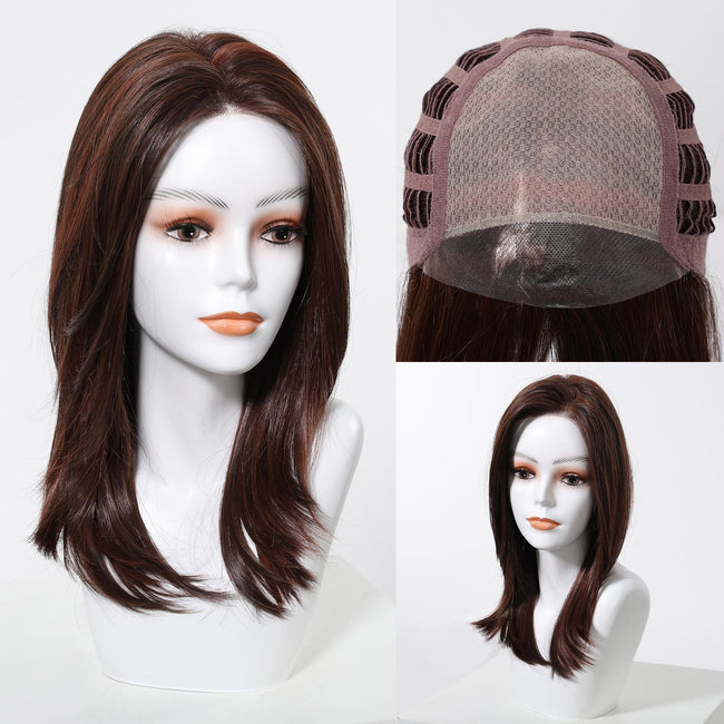 Addison-DWY 16-Inch Glueless Skin Weft Mono Lace Front Synthetic Wig - Mid-Length Brown with Highlights
