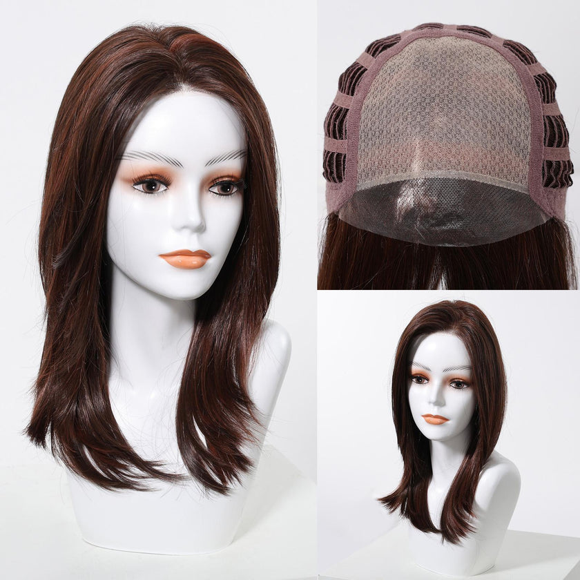 Addison-DWY 16-Inch Glueless Skin Weft Mono Lace Front Synthetic Wig - Mid-Length Brown with Highlights