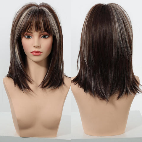 Elysia-DWY 16-Inch Brown Layered Wig with Highlights and Air Bangs - Glueless Synthetic for Women