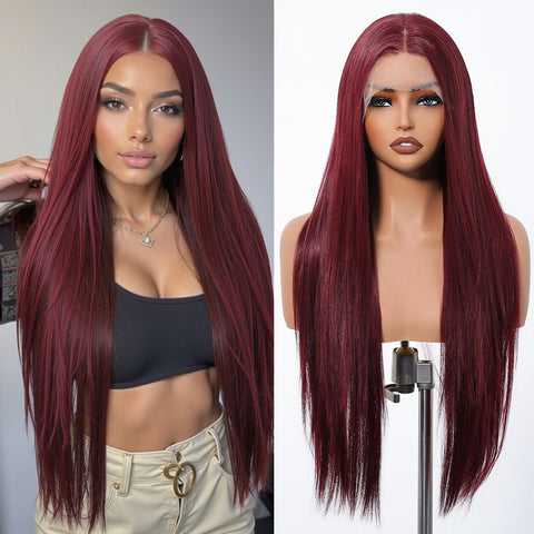 Seraphine-DWY 28-Inch Silky Straight Burgundy Lace Front Wig – 13x6 Free Part