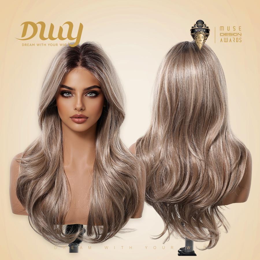 Vanessa -DWY Pre-cut U part Diamond Lace Mid length Icy Beige Blonde Body Wave Hair Glueless Synthetic Wigs for Women 22 Inches