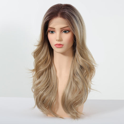 DWY Barbara-DWY 13x4 Filter Lace Front Free Part Long-Length Wavy Blonde with Dark Roots Glueless Synthetic Wig