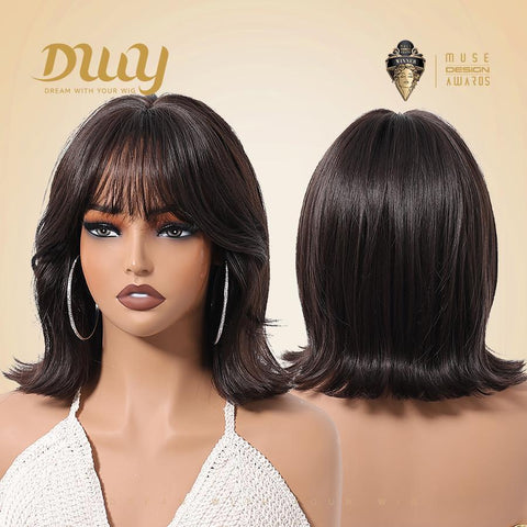 Suki-DWY 12-Inch Glueless Synthetic Wig - Short Reverse Bob with Blunt Bangs in Dark Brown