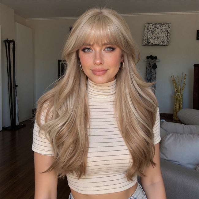 Cassie - DWY Long Wave Milk Tea Blonde Highlights Glueless Synthetic Wig with Bangs for Women 26 Inches Premium Quality Convenient Wigs