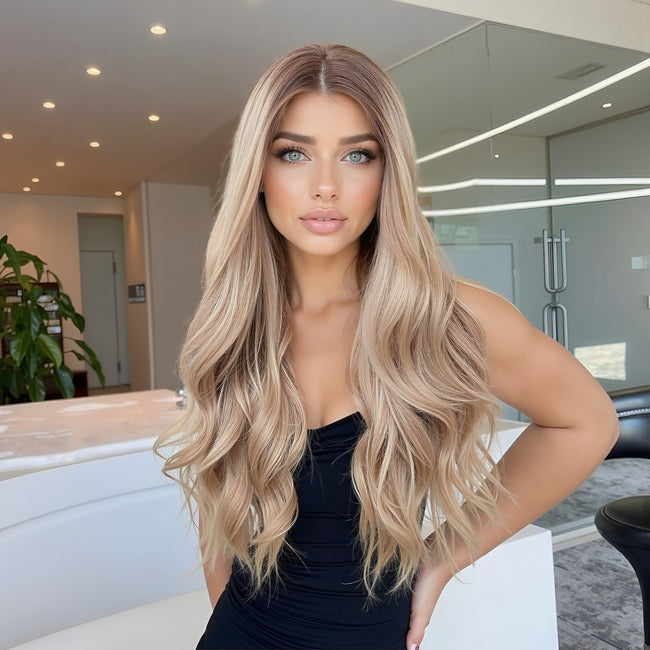 DWY Synthetic Lace Front Body Wave Wig with Bangs – Glueless Blonde HD Lace Wig