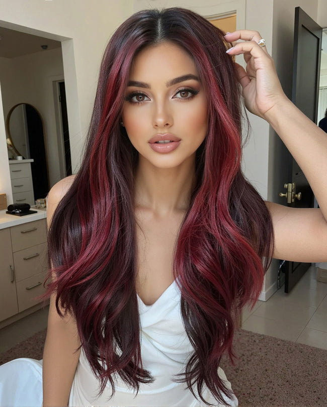 DWY Long Dark Red Lace Front Mixed Burgundy Natural Black Wave Hand Tied Middle Part Natural Synthetic Wig