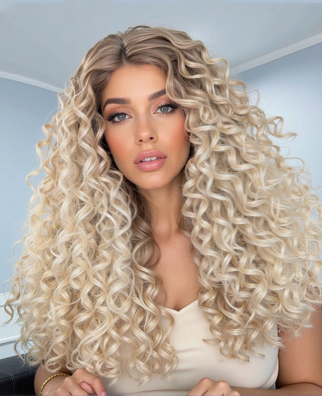 DWY Long Curly Blonde Wig with Lace Front and Heat Resistant Synthetic Hair