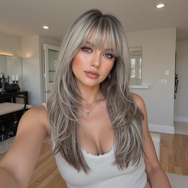 Elara-DWY 22 Inch Silver Grey Balayage Long Layered Wig with Air Bangs | Natural Synthetic Hair for Women | Daily Wear & Versatile Styling
