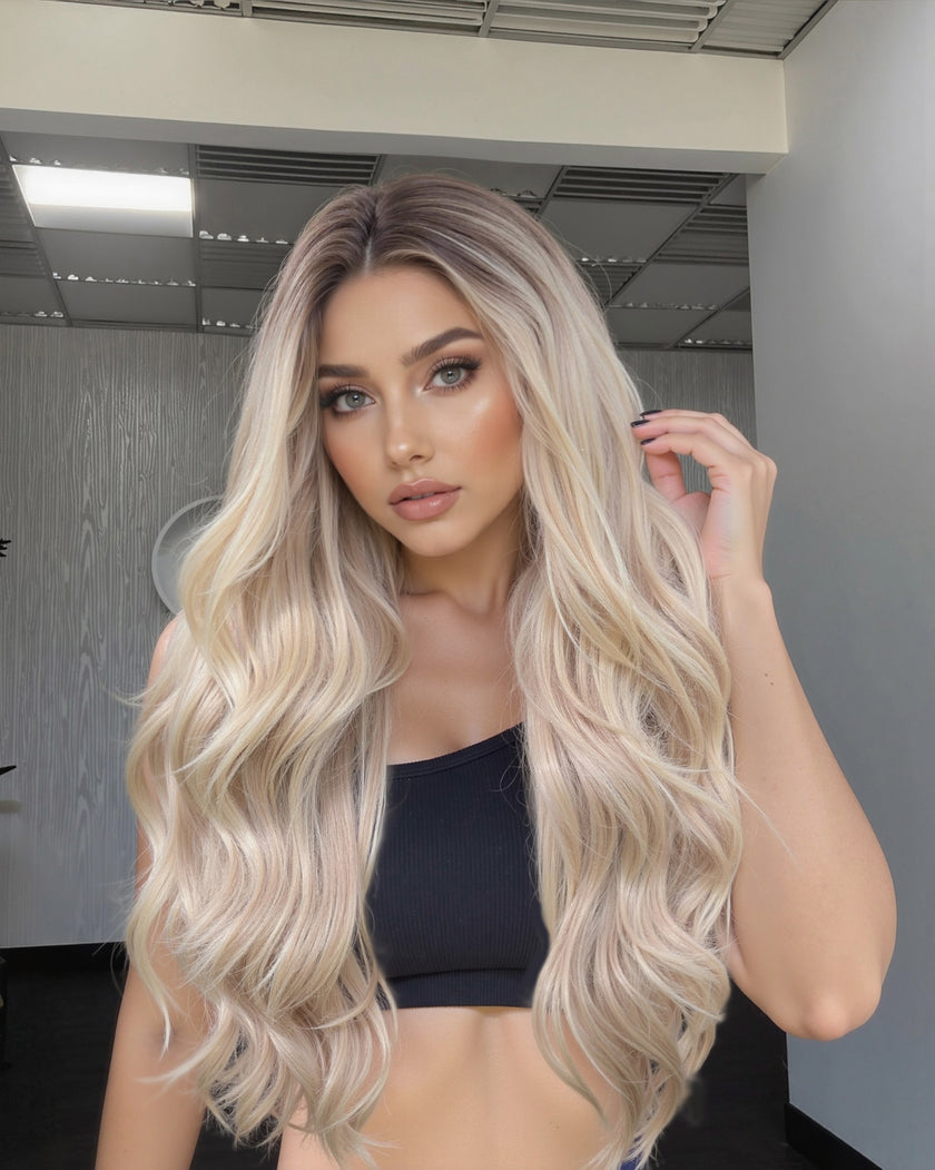 Hadley-DWY Platinum Blonde Synthetic Lace Front Long Layered Wavy Glueless Wig