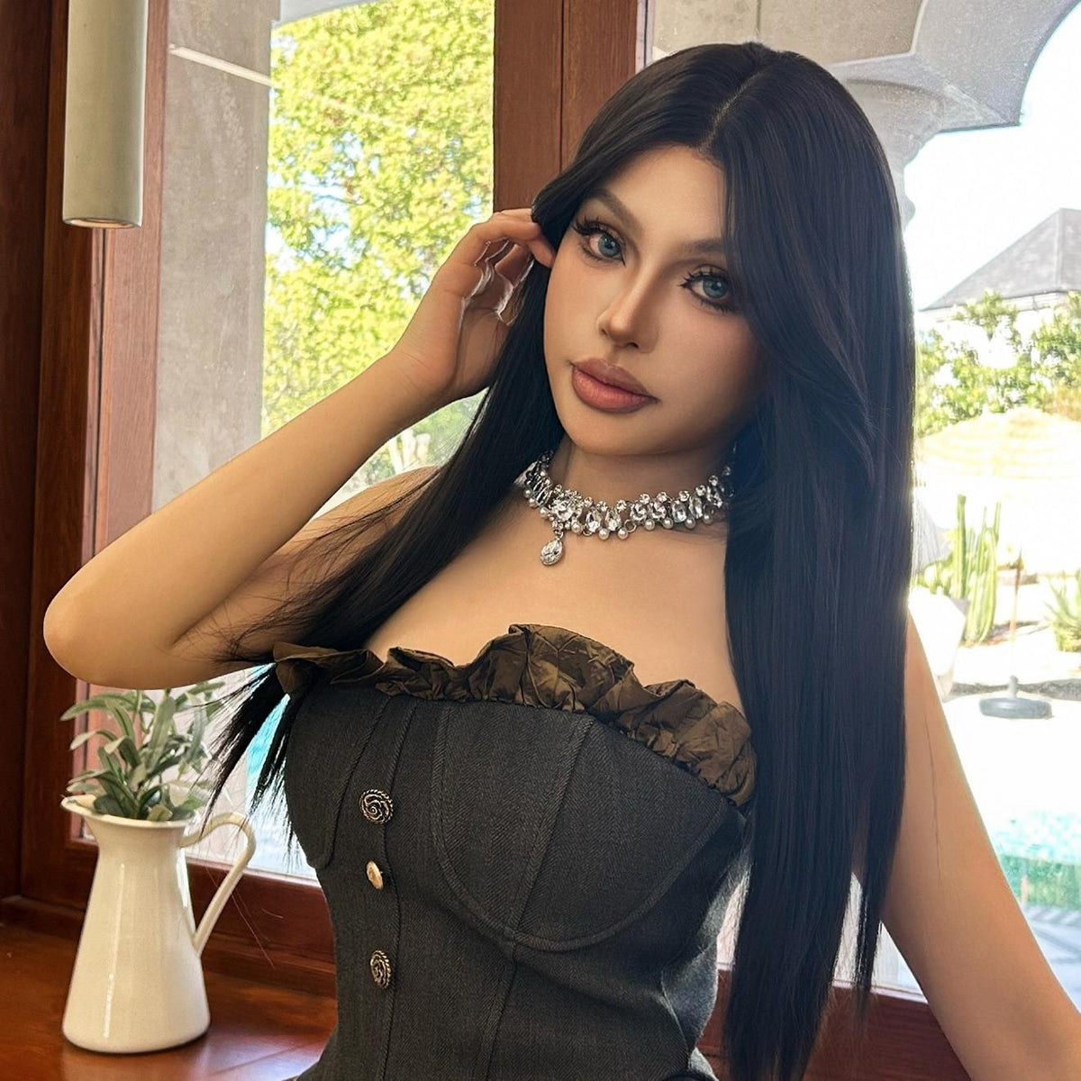 Elaine-DWY Lace Front Long Natural Black Middle Part Glueless Synthetic Wig