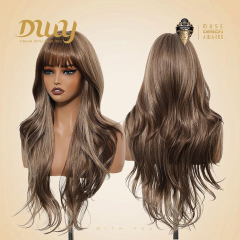 Elara-DWY Long-length Wave Tea Brown Big Scalp Area Glueless Synthetic Wig