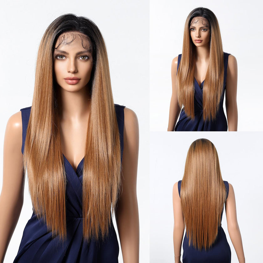 [CLEARANCE SALE] Jess C- DWY 13×6 Lace Front Free Part Long-Length Straight Layer-cut Blonde Highlighted Glueless Synthetic Wig for Women 30 Inches