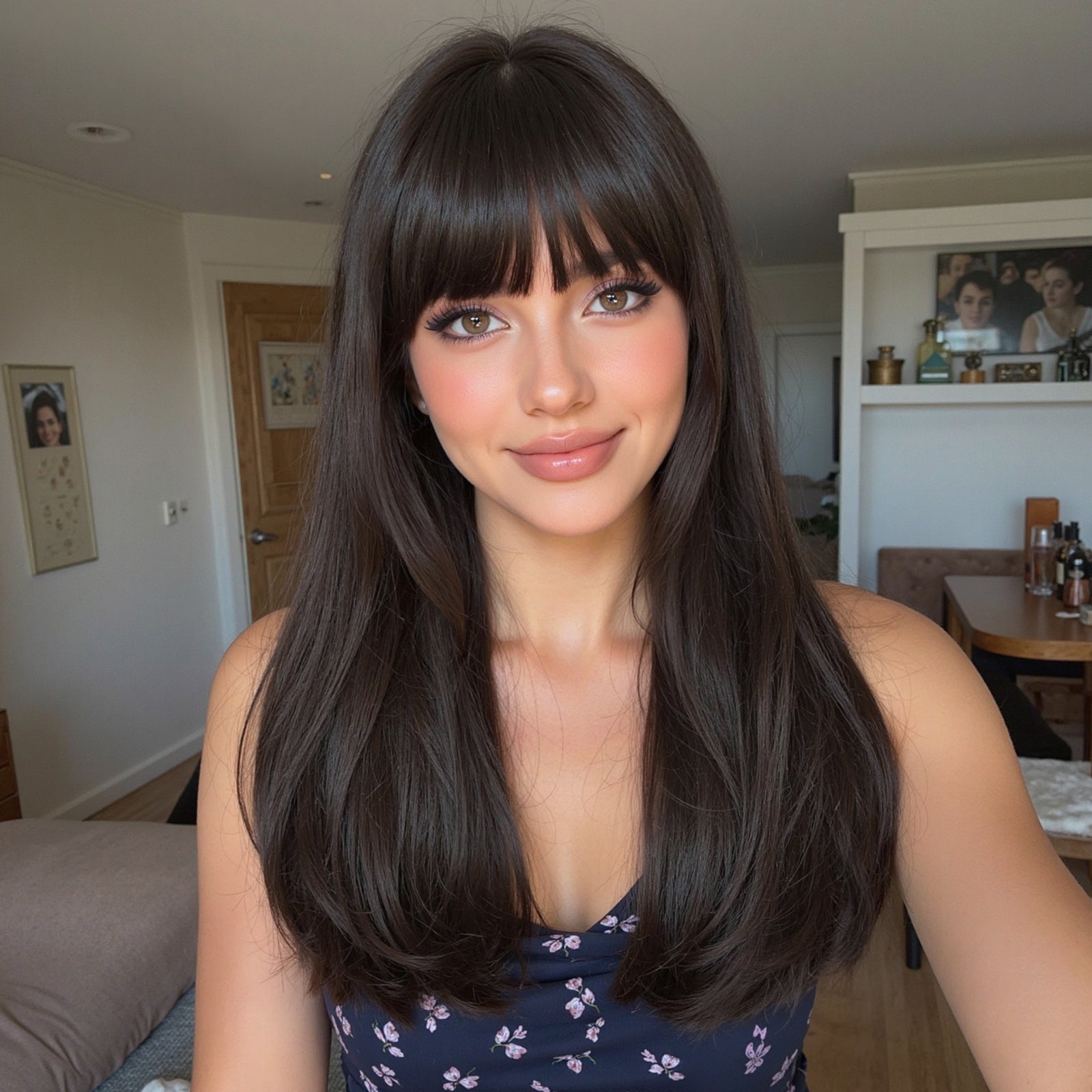 Maribel-DWY Machine Made Mid-Length Curly Black Glueless Synthetic Wig with Bangs for Women 16 Inches