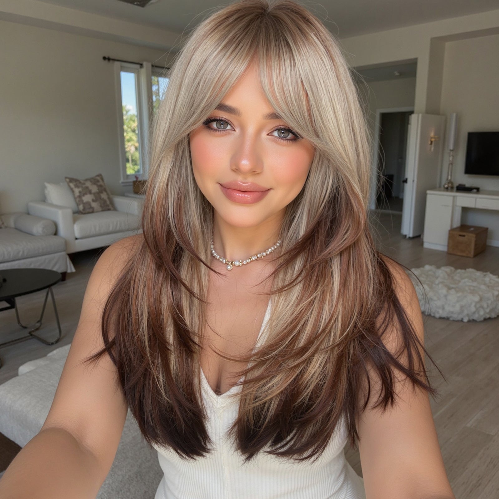 Erica-DWY Machine Made Mid-Length Straight Bleach Blonde with Brown Ends Glueless Synthetic Wig for Women 22 inches