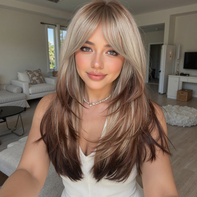 Erica-DWY Machine Made Mid-Length Straight Bleach Blonde with Brown Ends Glueless Synthetic Wig for Women 22 inches