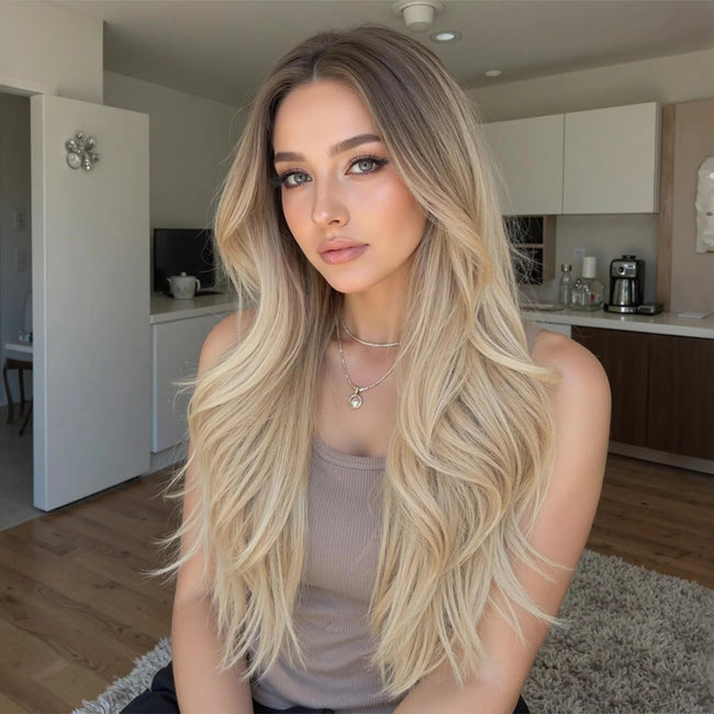 DWY Ombre Blonde Long Wavy  Frontal Lace Layered  Synthetic Wig
