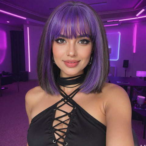 【Early Black Friday】Dwy Purple and Grey Natural Bob-Synthetic Wig