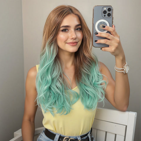 【Early Black Friday】Bold Style: Dwy Brown and Green Synthetic Wig with Free Parting