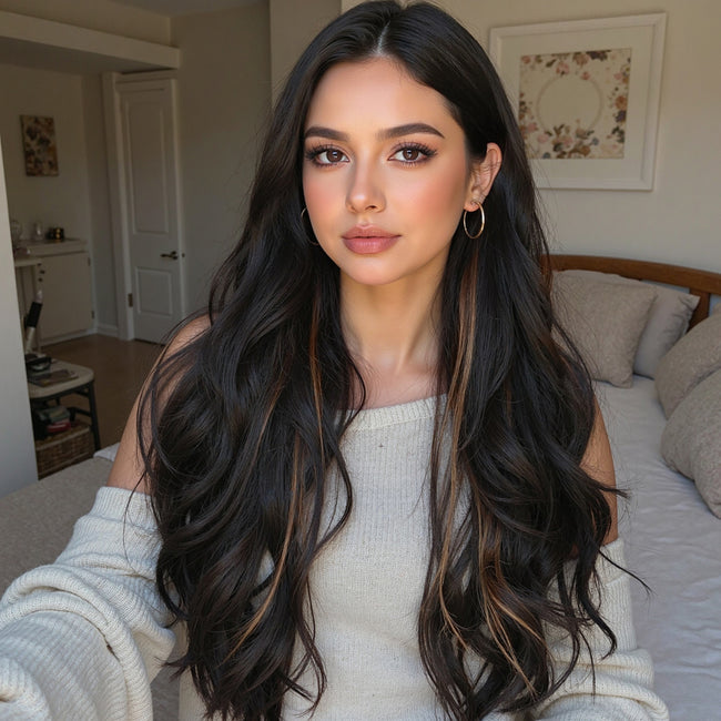 DWY Money Piece Brown Long Natural Wavy Synthetic Wig