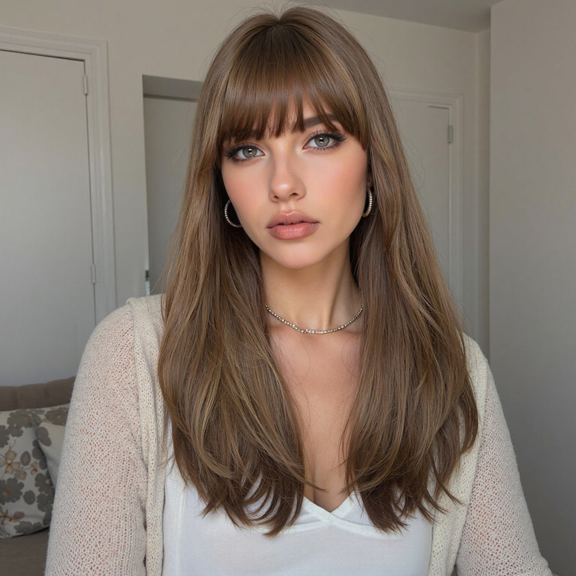 [LIMITED CLEARANCE]  DWY Machine Made Brown Straight Realistic Cute Hair Glueless Synthetic Wig for Women 24 Inches Pixie Cut Wigs Shaggy Wig Deep Wavy Wigs Deep Wave Wigs