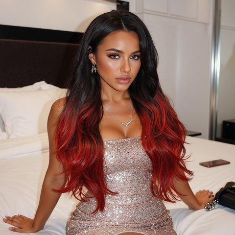 【Year End Sale】Dwy Jet Black & Red Mixed Synthetic Wig – Wavy Style