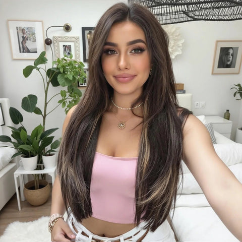 【Early Black Friday】Dwy Frontal Lace Layered Mixed Brown Natural Synthetic Wig