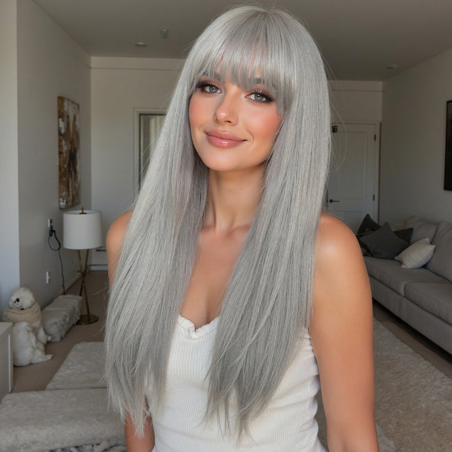 Skylar-DWY Long Straight Sliver Synthetic Wigs With Bangs