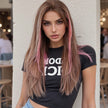 DWY Lace Human Hair Wig – Long Length Rose Gold with Pink Highlights