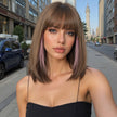 Bethany-DWY Machine Made Short Bob Straight Chestnut Brown with Pink Highlights Glueless Synthetic Wig for Women 12 Inches