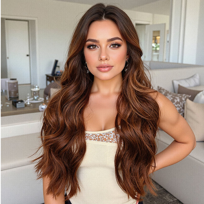 DWY Copper Brown Natural Wavy Synthetic Wig with Middle Parting