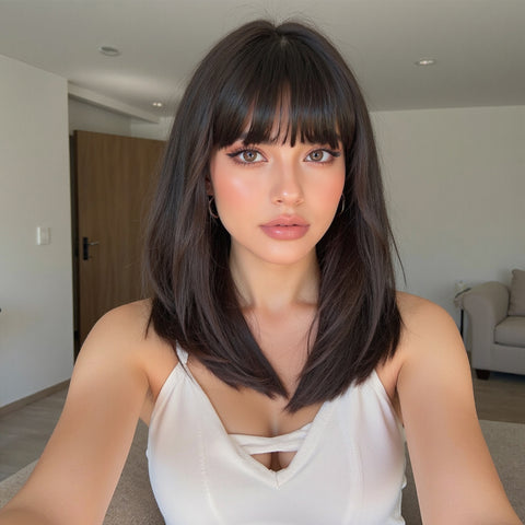 【Year End Sale】Dwy Chic Chin-Length Layered Brown Synthetic Wig with Bangs