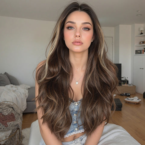 【Early Black Friday】Dwy Lace Front Natural Highlighted Brown Wavy Synthetic Wig