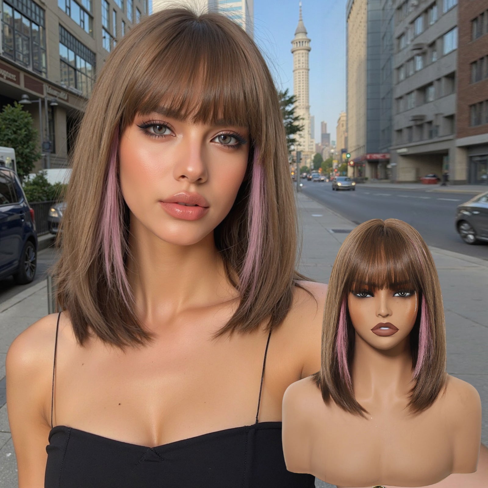Bethany-DWY Machine Made Short Bob Straight Chestnut Brown with Pink Highlights Glueless Synthetic Wig for Women 12 Inches