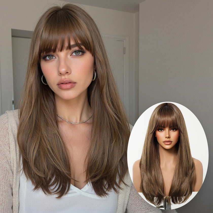 [LIMITED CLEARANCE]  DWY Machine Made Brown Straight Realistic Cute Hair Glueless Synthetic Wig for Women 24 Inches Pixie Cut Wigs Shaggy Wig Deep Wavy Wigs Deep Wave Wigs