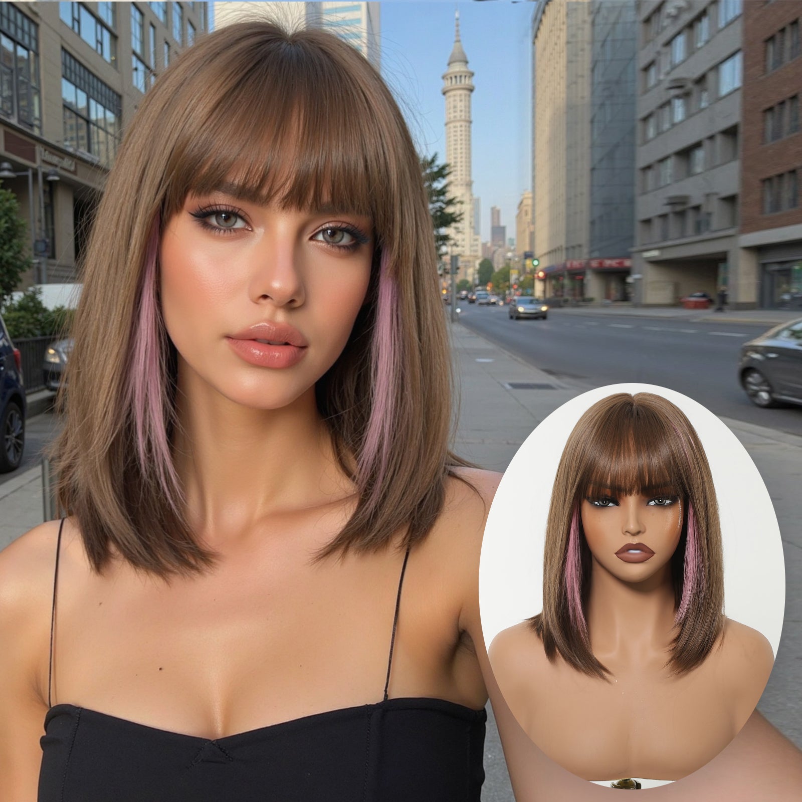 Bethany-DWY Machine Made Short Bob Straight Chestnut Brown with Pink Highlights Glueless Synthetic Wig for Women 12 Inches