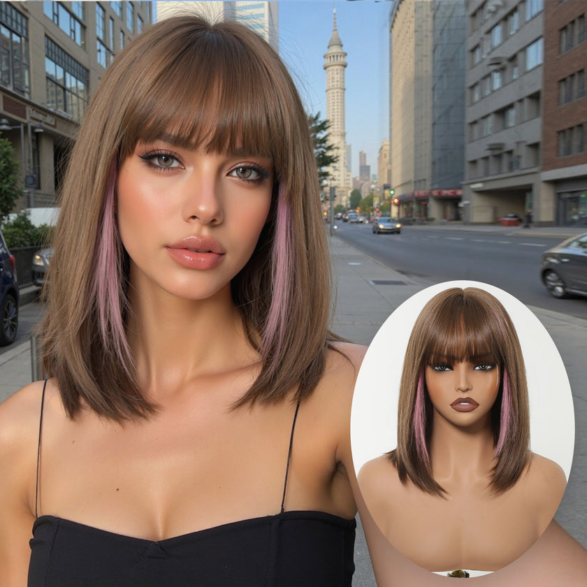 Bethany-DWY Machine Made Short Bob Straight Chestnut Brown with Pink Highlights Glueless Synthetic Wig for Women 12 Inches