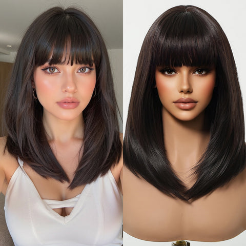 【Year End Sale】Dwy Chic Chin-Length Layered Brown Synthetic Wig with Bangs
