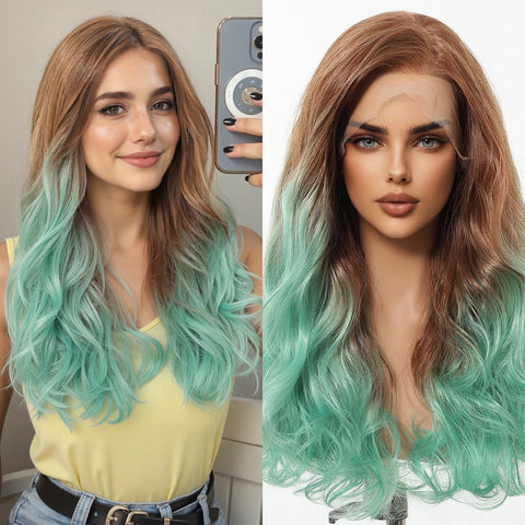 【Early Black Friday】Bold Style: Dwy Brown and Green Synthetic Wig with Free Parting