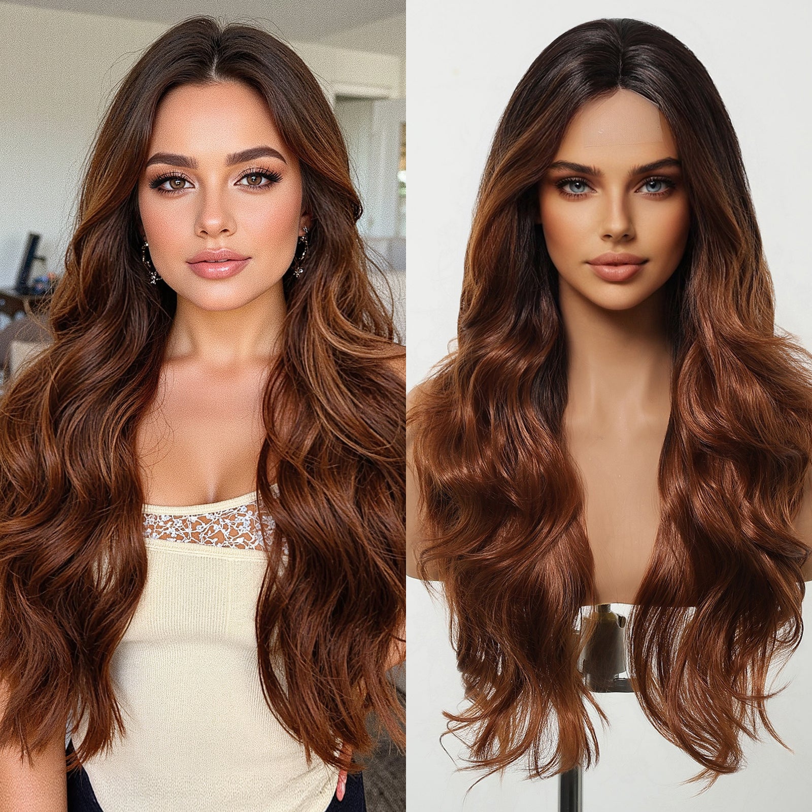 DWY Copper Brown Natural Wavy Synthetic Wig with Middle Parting