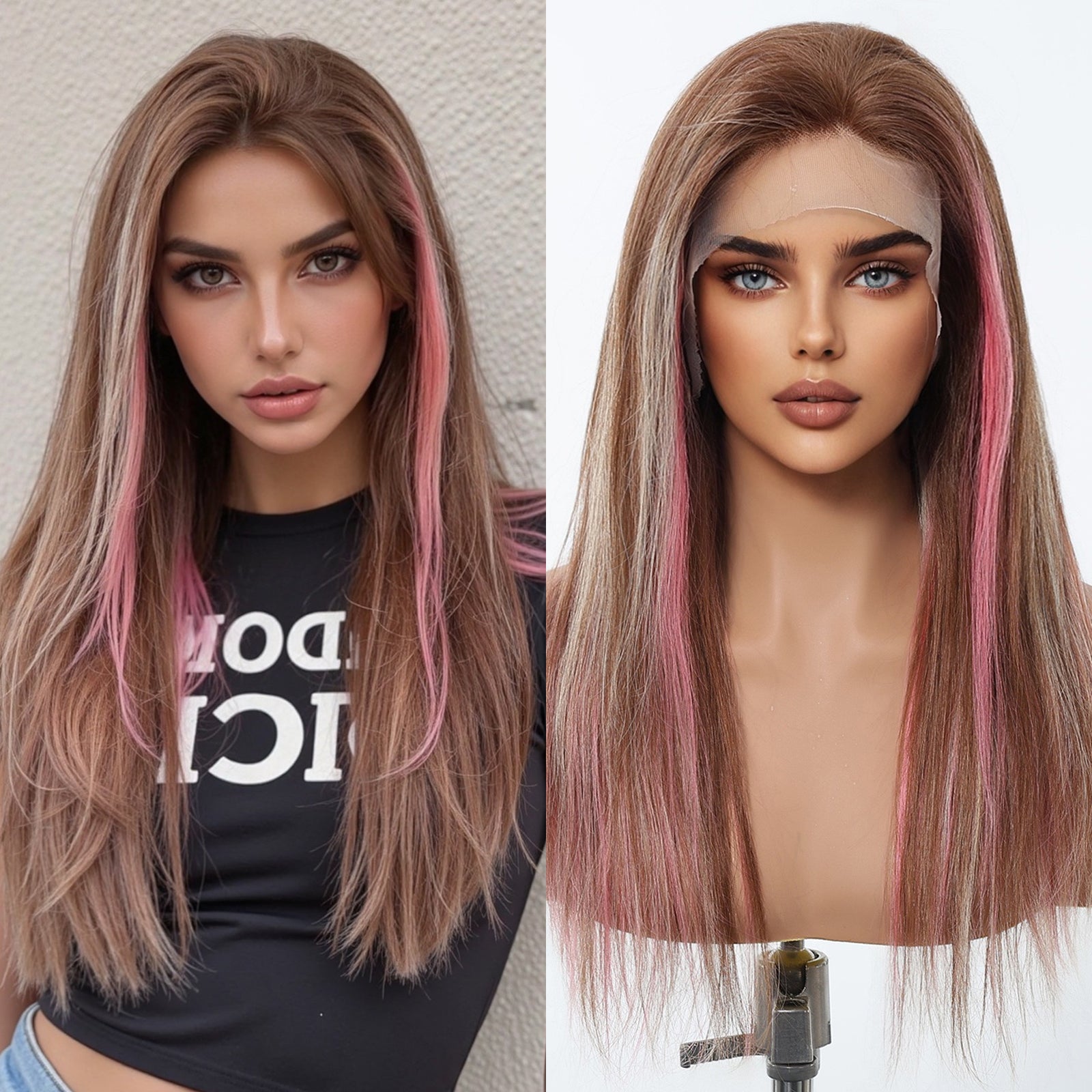 DWY Lace Human Hair Wig – Long Length Rose Gold with Pink Highlights