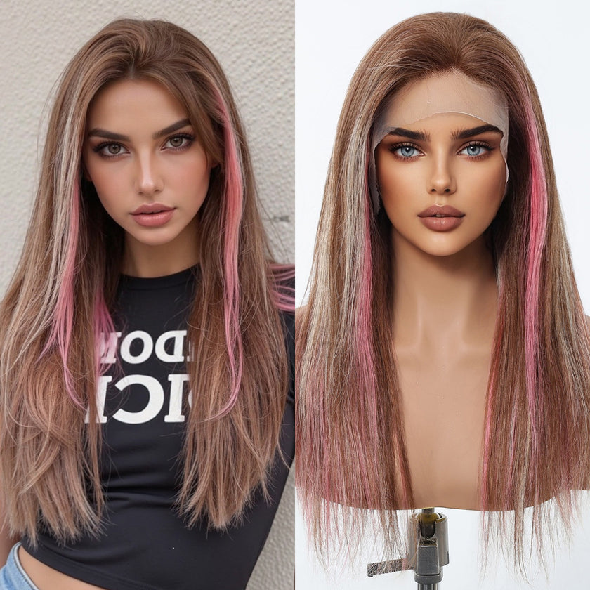 DWY Lace Human Hair Wig – Long Length Rose Gold with Pink Highlights